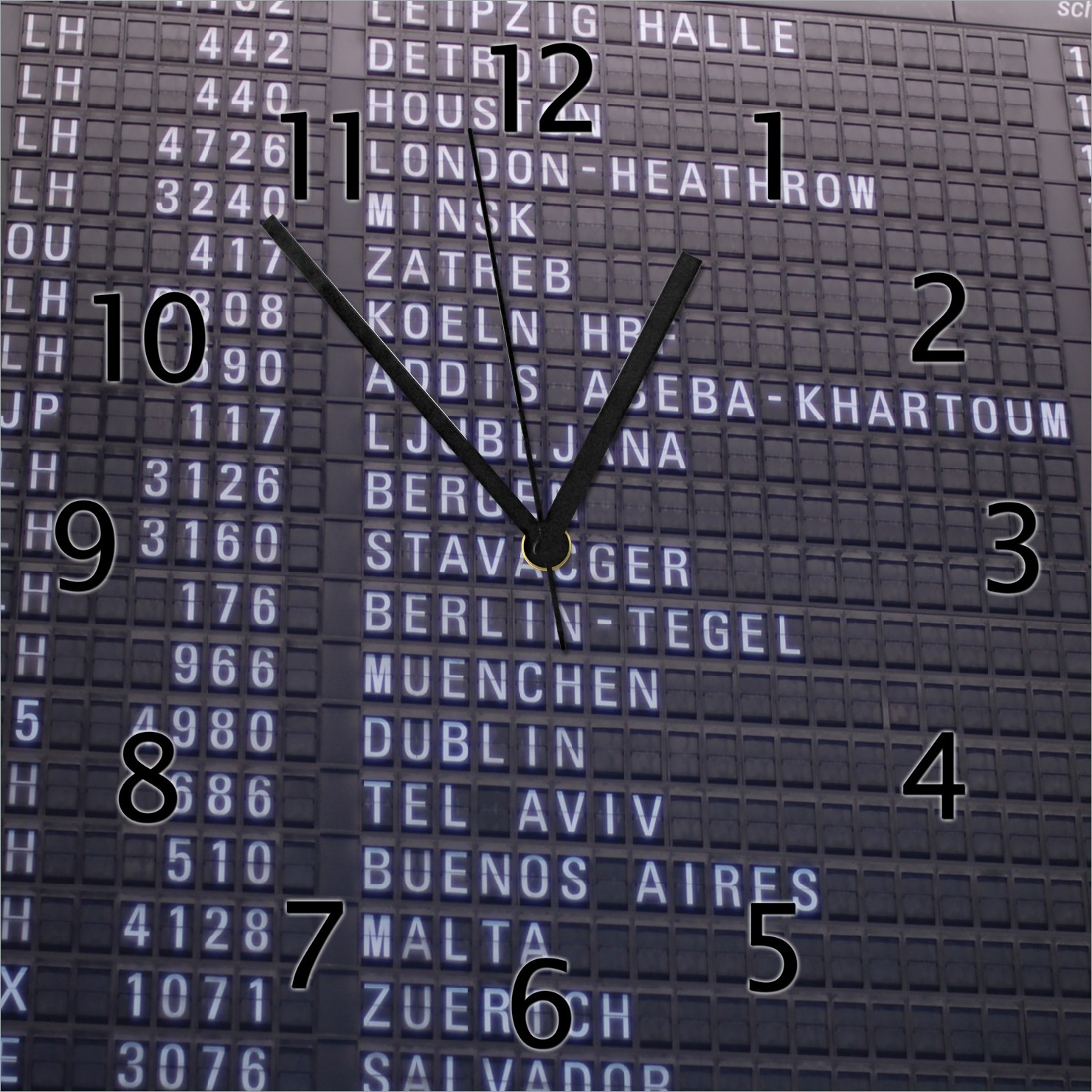 Wallario Design Wanduhr Flughafen Abflugtafel aus Echtglas, Größe 30 x 30 cm gugs0065-3030