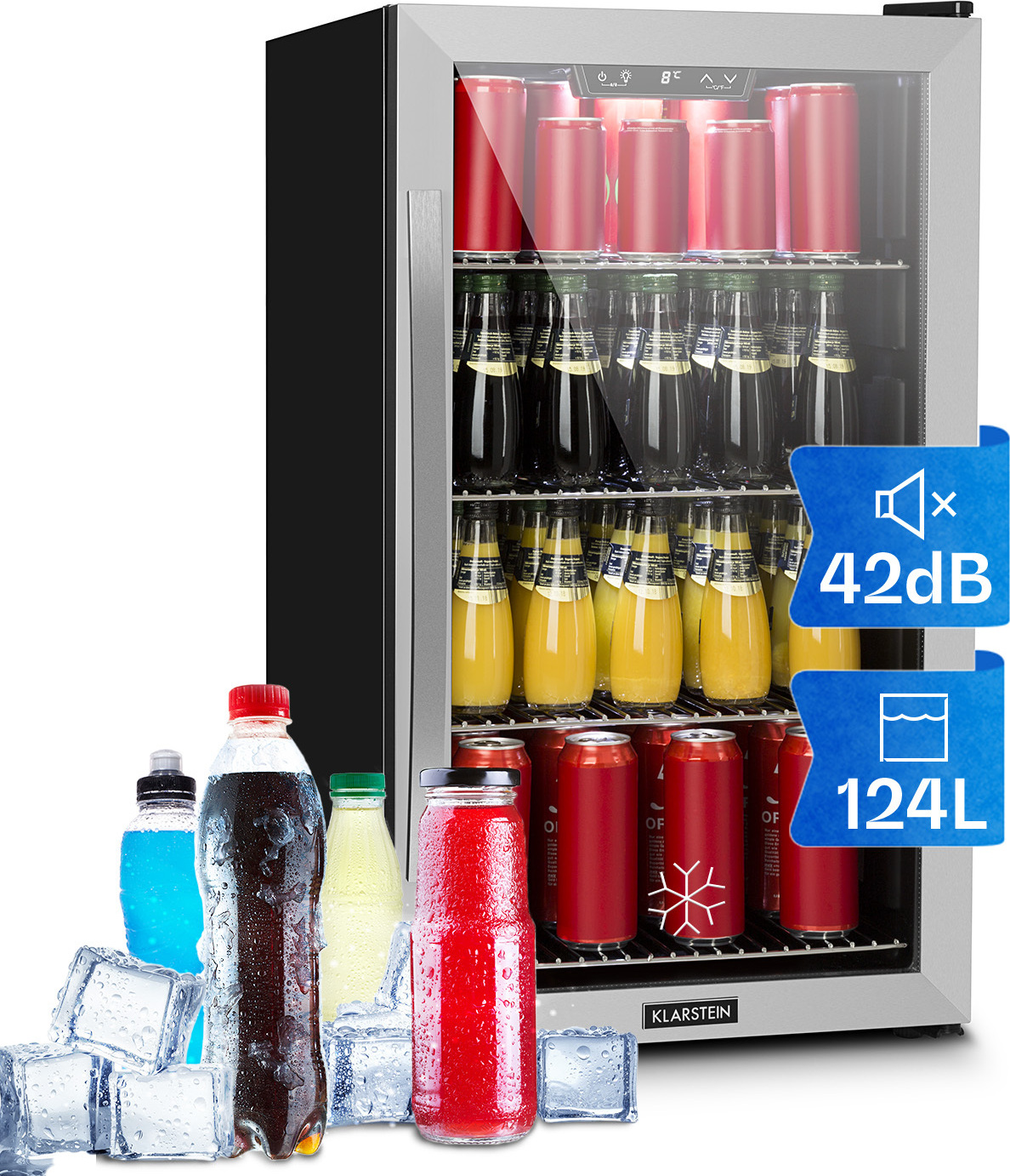 Klarstein Mini Kühlschrank mit Glastür, Mini-Kühlschrank für Zimmer, Getränkekühlschrank Klein mit Verstellbaren Ablagen, Kleiner Kühlschrank 124 Liter, Indoor/Outdoor Kühlschrank Leise 35