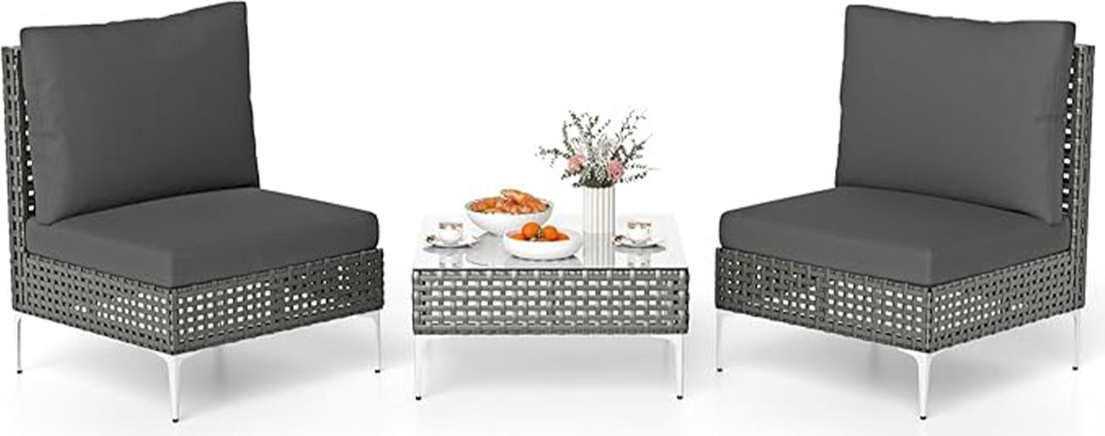 3-dielna súprava záhradného nábytku, 2 ratanové relaxačné kreslá s čalúnenými sedákmi a ďalšími vankúšmi, 1 konferenčný stolík s doskou z tvrdeného skla, sivá farba
