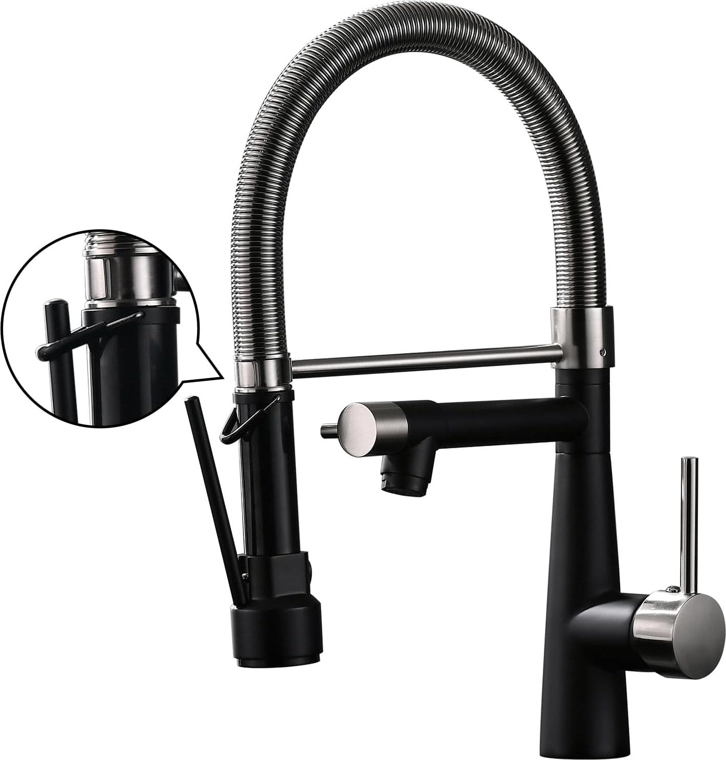 Küchenarmatur mit Schlauchduschkopf ausziehbar - 360° drehbar - Einhebelmischer & Pull-Down Spray - Hochdruck - gebürstetes Nickel und Schwarz