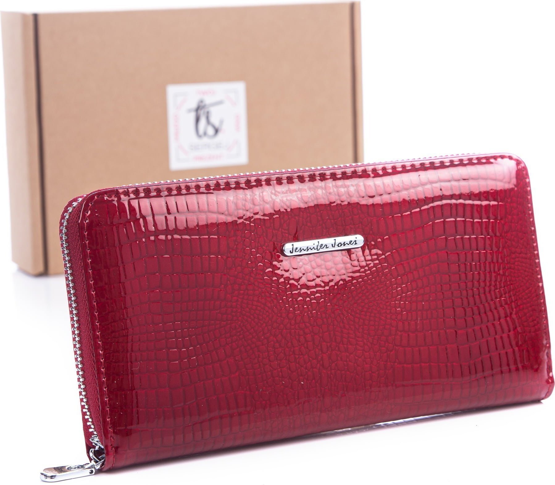 Jennifer Jones Leather Jennifer Jones Damen großes Geldbörse mit Reißverschluss Echt Leder Lackiertes Rot