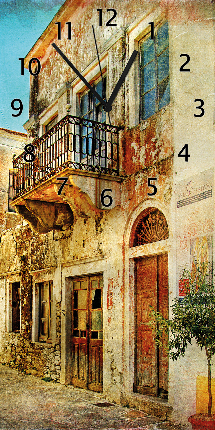 Wallario Design Wanduhr Gasse im Süden, Urlaub in Griechenland aus Echtglas, Größe 30 x 60 cm gugs0146-3060