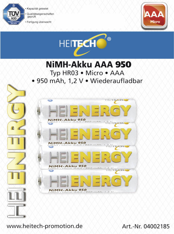 Heitech Batterien HEIENERGY NiMh-Akku AAA Micro 950, 4er Packung HT-106