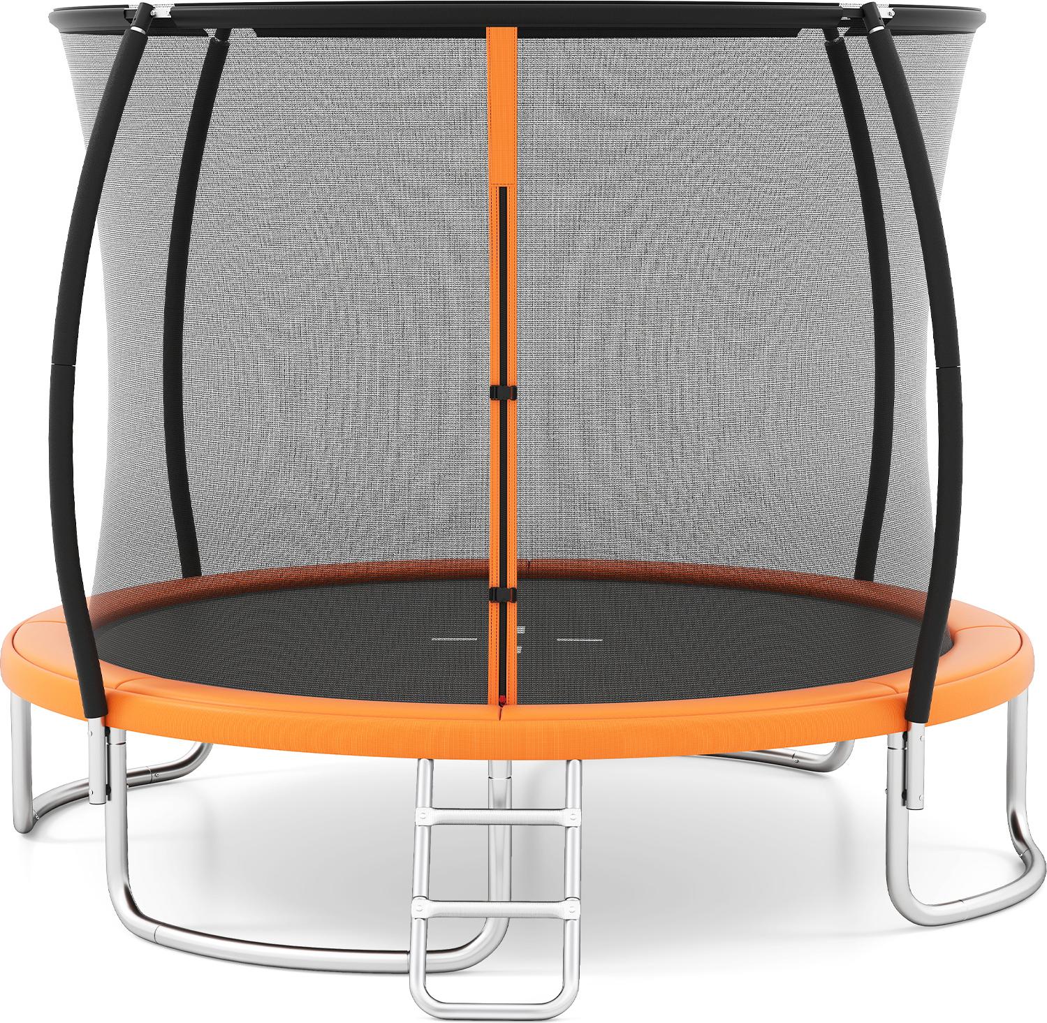 COSTWAY 305 cm vonkajšia trampolína, záhradná okrúhla trampolína s rebríkom, bezpečnostnou sieťou, krytom okrajov a kovovým rámom, kompletná detská trampolína, oranžová