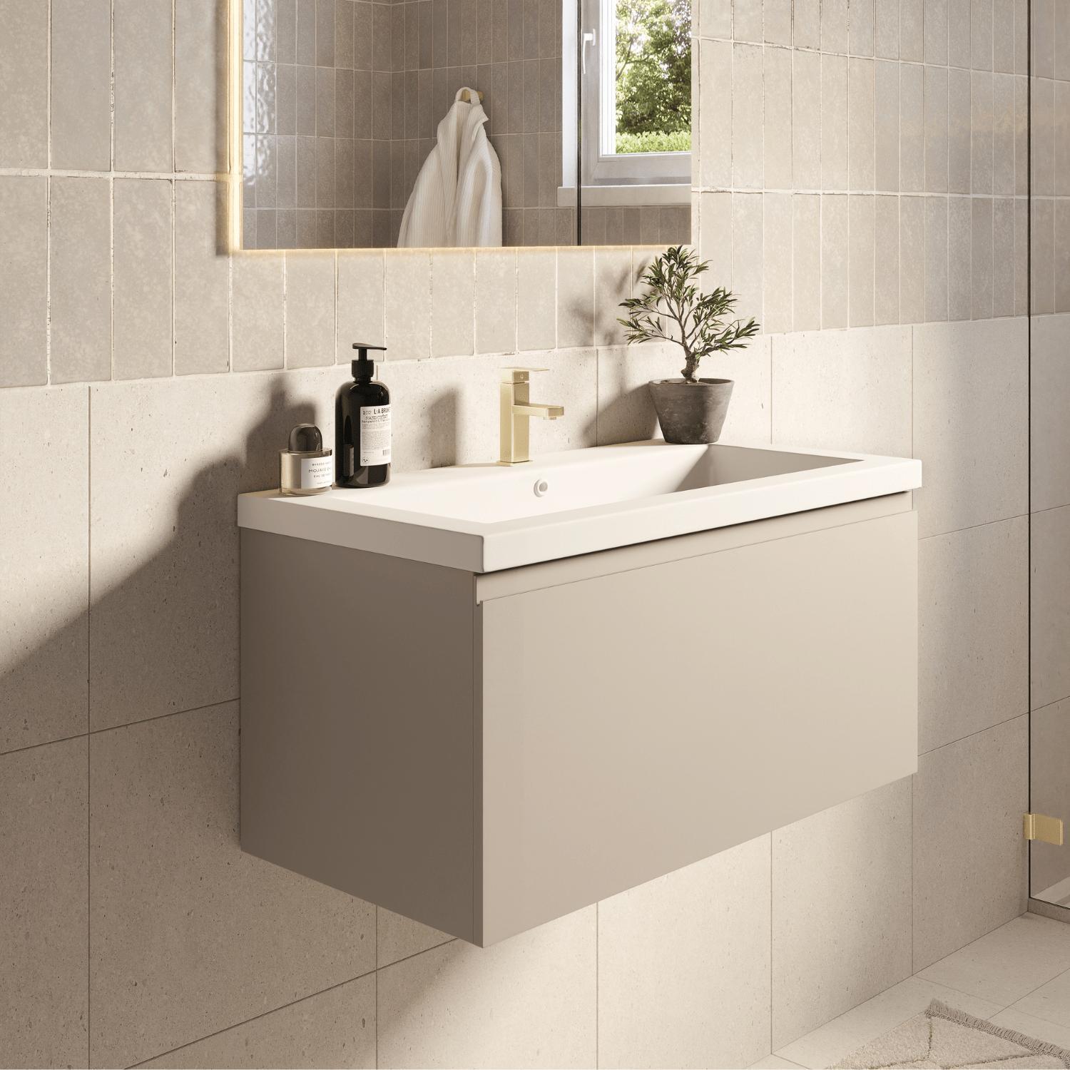 LOMAZOO Badezimmermöbel Greige 80cm - Weißes Waschbecken - Beige-graues Waschbeckenmöbel - Schwebender Waschbeckenunterschrank [MODENA] MOD-BE-WW-80