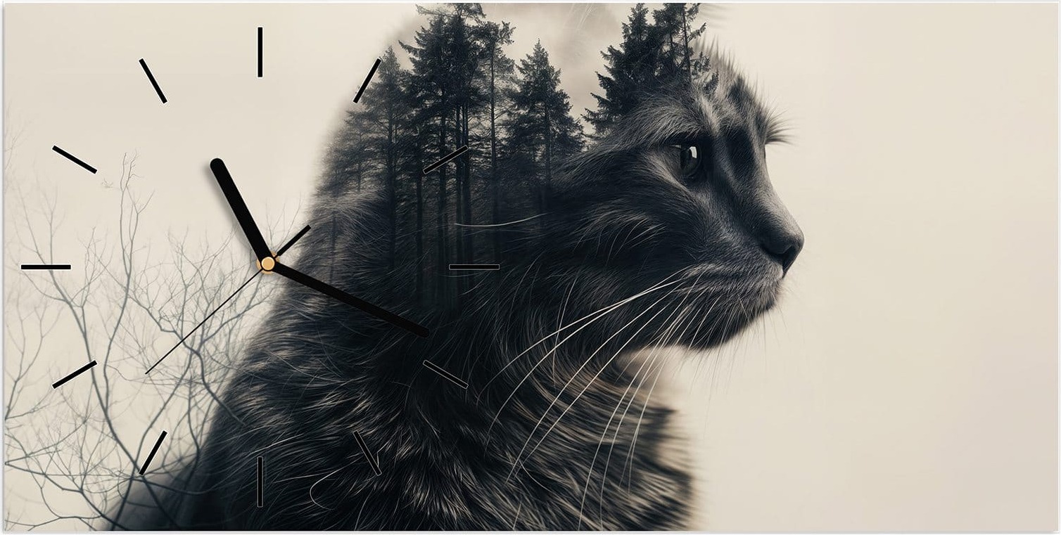 Primedeco Wanduhr aus Glas mit Motiv Waldkatze- 60 x 30 cm - inkl. Aufhängesystem