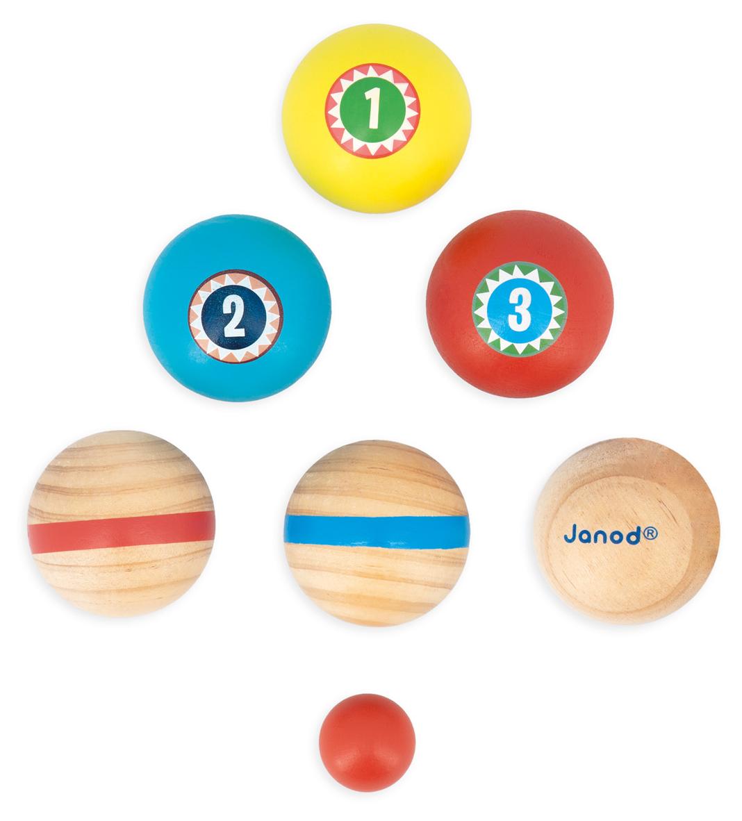 Janod Holz-Petanque-Spiel Applepop - buntes Outdoor-Spiel für Kinder 3365