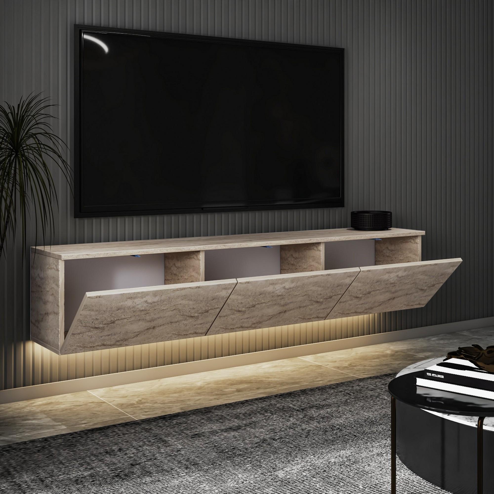 Dmora Carosino - TV-Schrank, 160x32x35h cm Beige Marmor, 3 Fächer