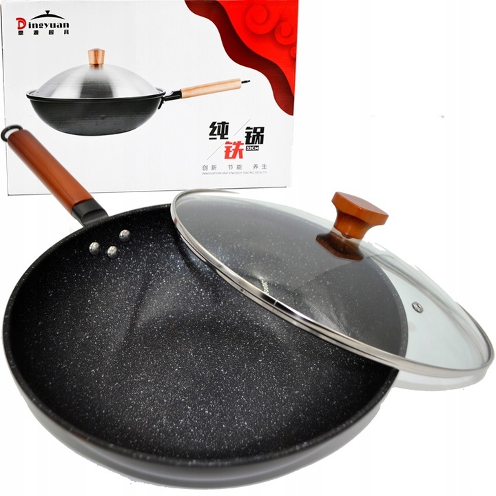 Pokka Wok-Pfanne 33 cm – Tiefe Stahlpfanne mit Deckel für asiatische Gerichte