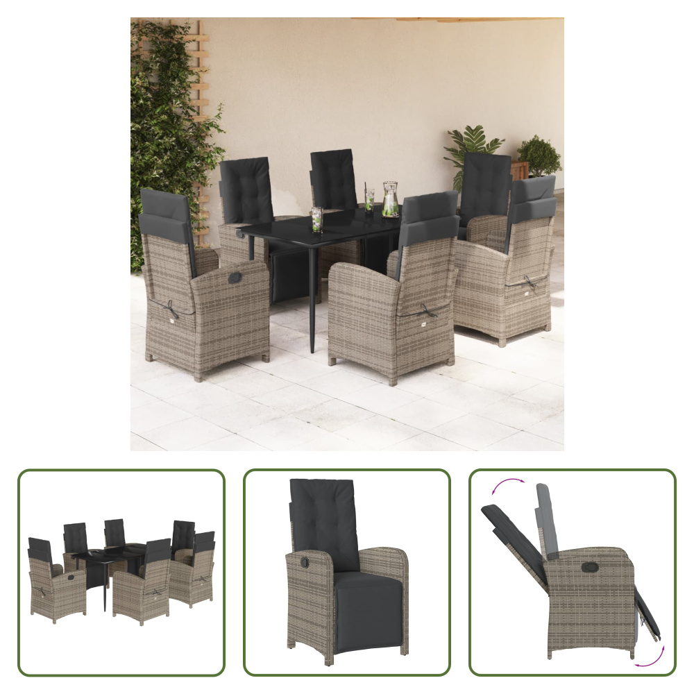 The Living Store 7-dielny záhradný jedálenský set s vankúšmi sivý polyratan