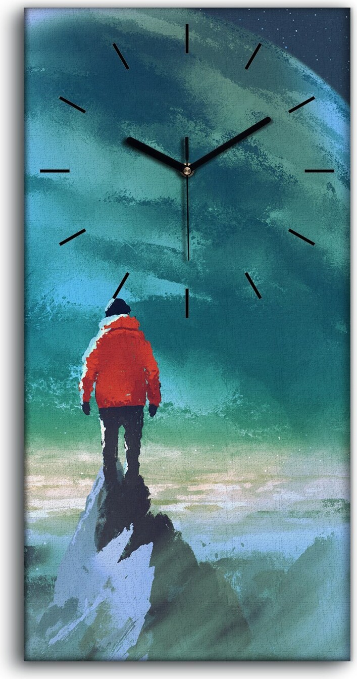 coloray Wanduhr Leinwand Bild Uhr Quarz 30x60 Mann auf dem Berg und anderer Planet - schwarze Hände zcv-130133598-30x60-c