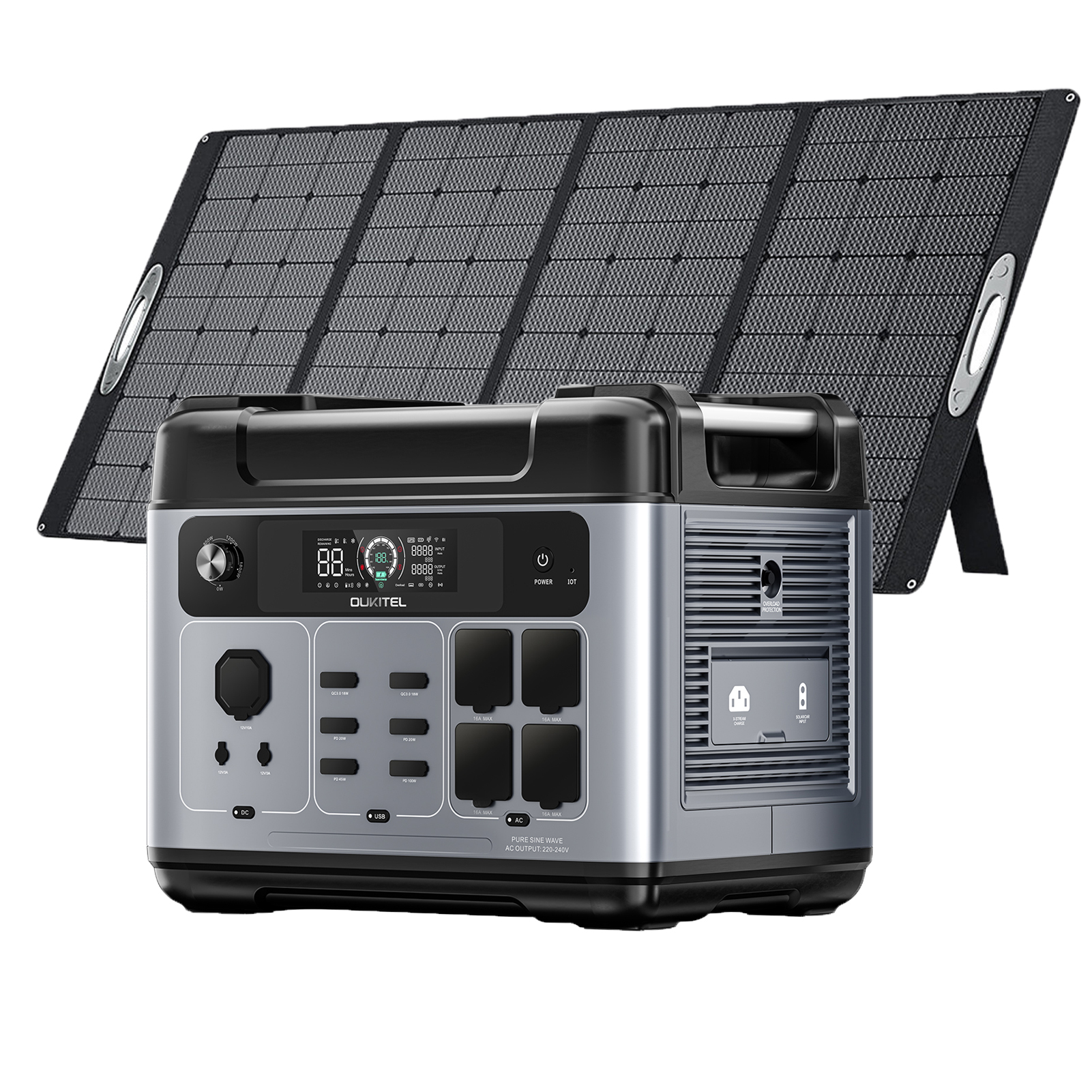 OUKITEL P2001 Plus Powerstation 2400W 2048Wh LiFePO4 batériový solárny generátor, WiFi+BT ovládanie generátora energie núdzový generátor + PV400E 400W solárny panel