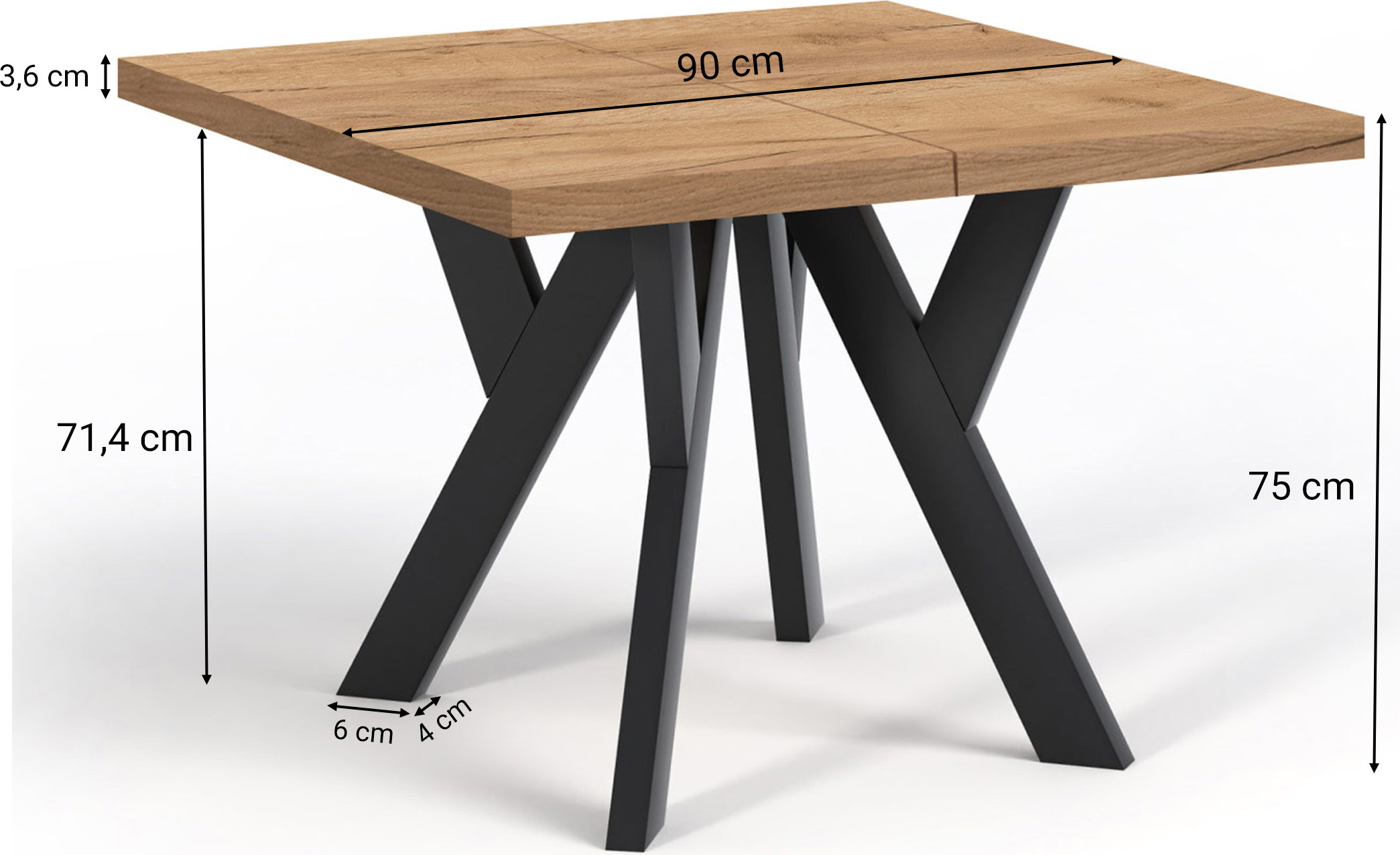 Quadratischer Ausziehtisch NERO Eiche Wotan / Schwarz