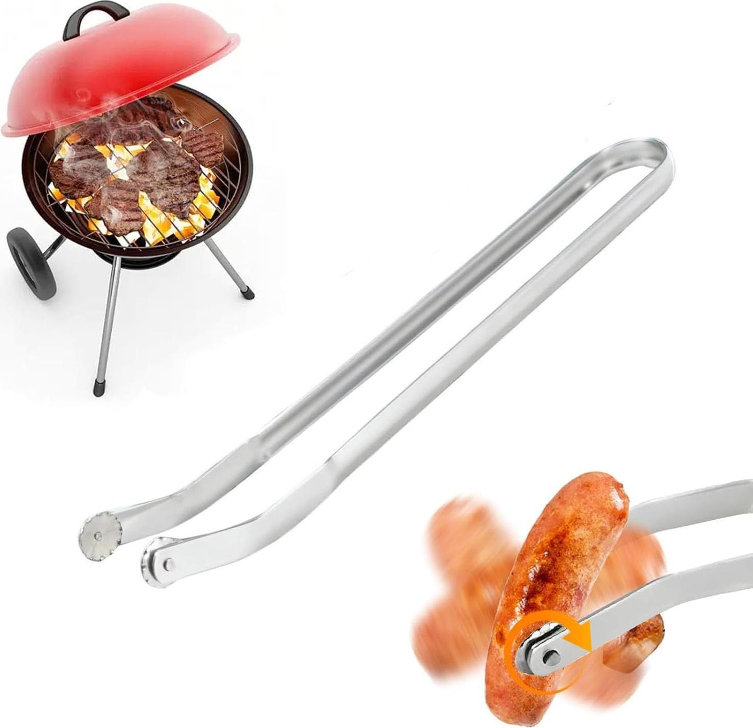 Markenlos LATRAT BBQ-Wurstzange, 38 cm, Grillzange mit Rädern, Drehzange zum Wenden von Grillwürsten