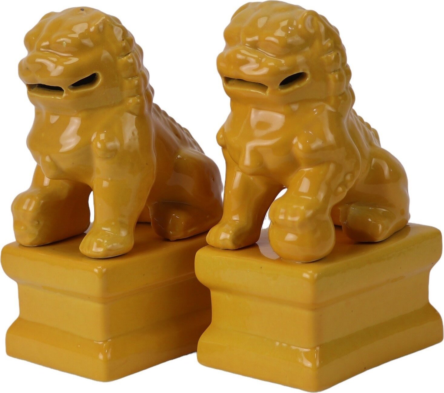 Fine Asianliving čínske Fu Dogs Temple Guardian Lions Yellow Set/2 Porcelánová ručná výroba Š6xH8xV15cm