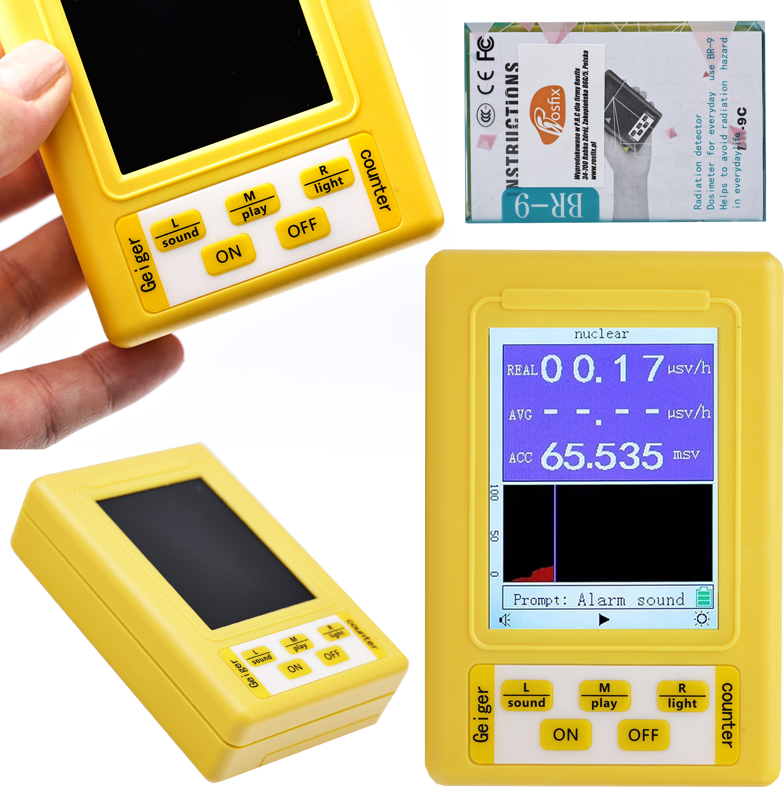 ROSFIX Digitaler Geigerzähler XR3 BR-9C – Präzise Strahlungsmessung | ABS Gehäuse, LCD Display 57x43mm, USB-Ladung, 0-99,99 µSv/h, EM- und Kernstrahlung