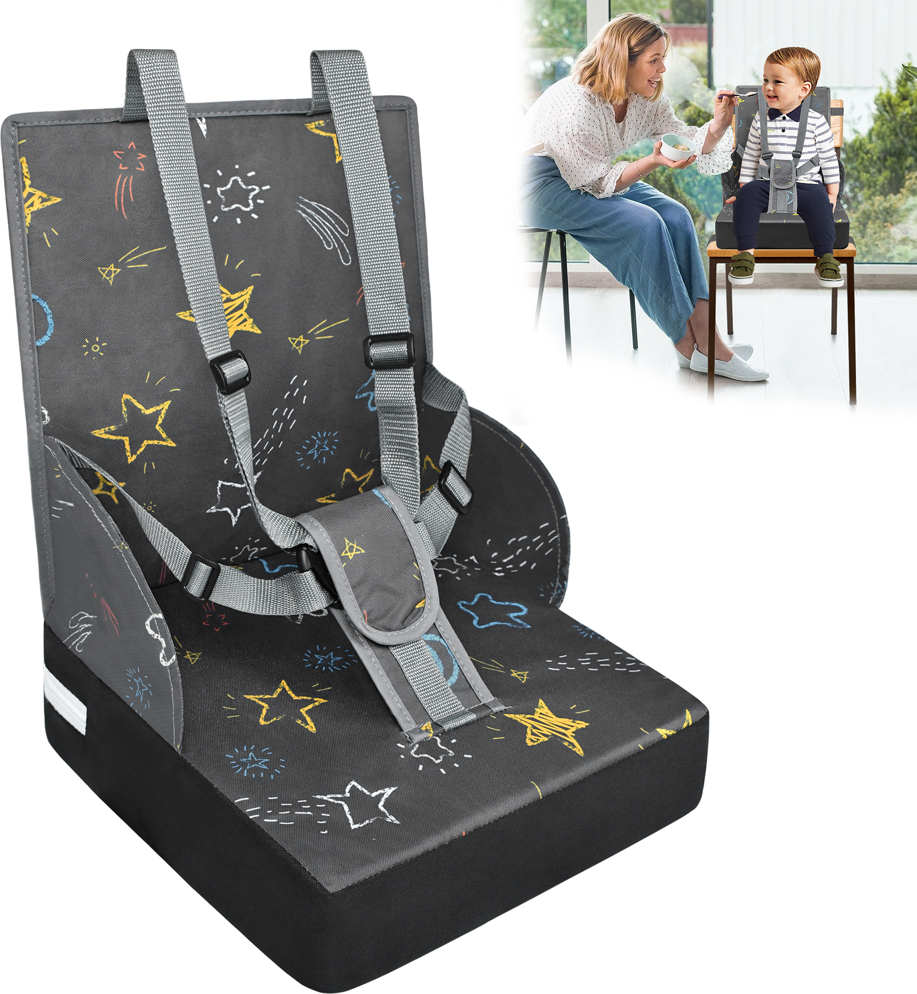 LARS360 Mobiler Kinder Sitzerhöhung Faltbar Boostersitz hochstuhl Baby Stühle Gurt mit drei Punkten Kindersitzerhöhung Grau