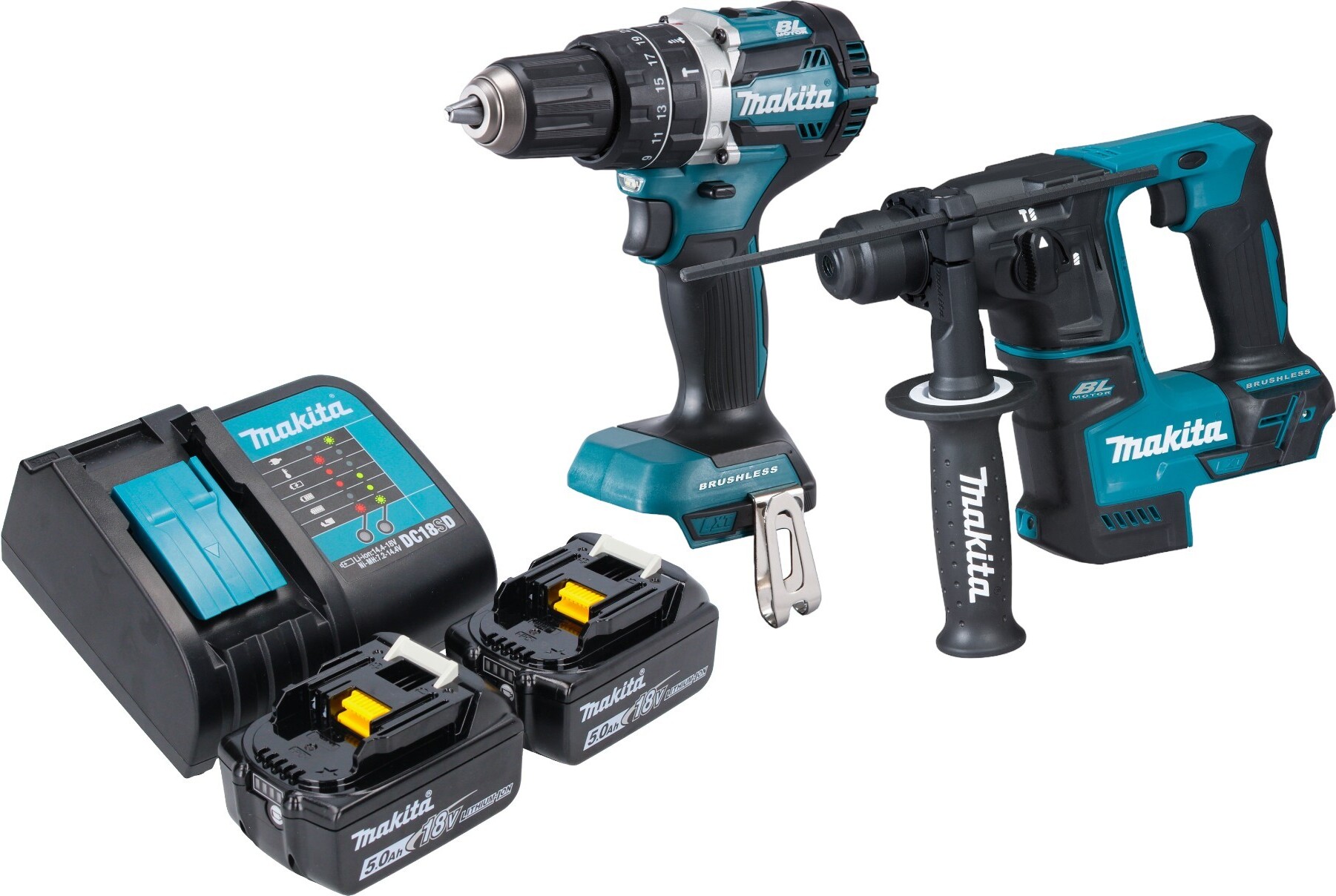 Akumulátorová kombinovaná súprava Makita DLX 2278 ST + príklepová vŕtačka DHP 484 54 Nm + vŕtacie kladivo DHR 171 1,2 J + 2x akumulátor 5,0 Ah + nabíjačka