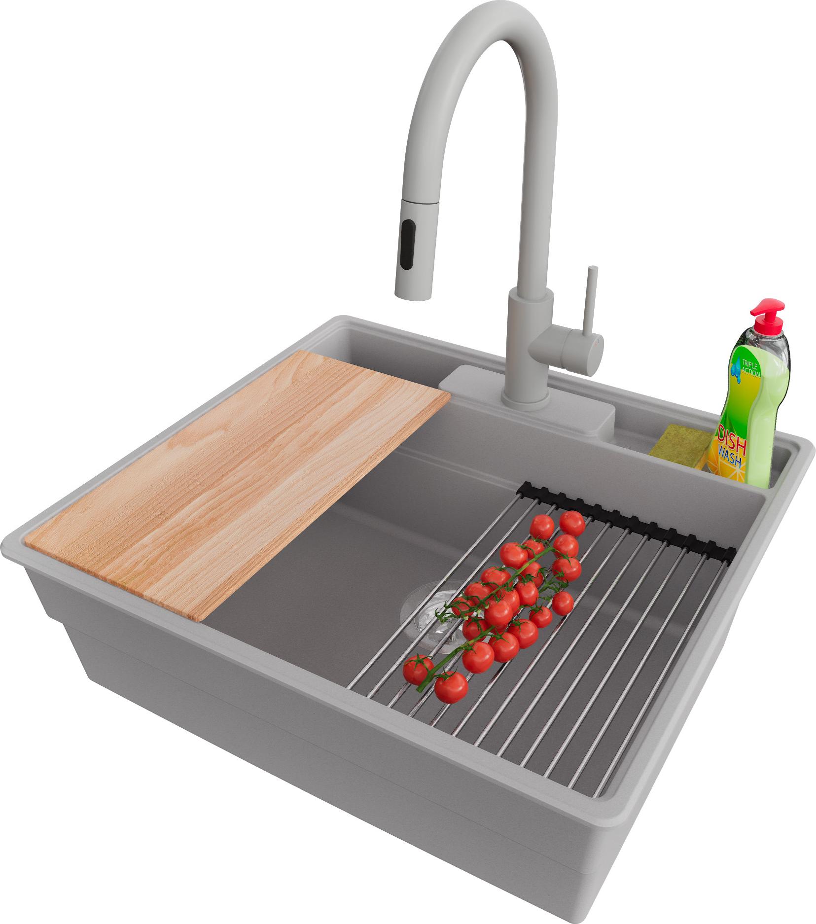 PRIMAGRAN Granitspüle Grau 58x53cm, Spülbecken 1 Becken + Küchenarmatur 40x20cm + Ablauf-Set + Küchenzubehörset, Küchenspüle ab 60er Unterschrank - New York