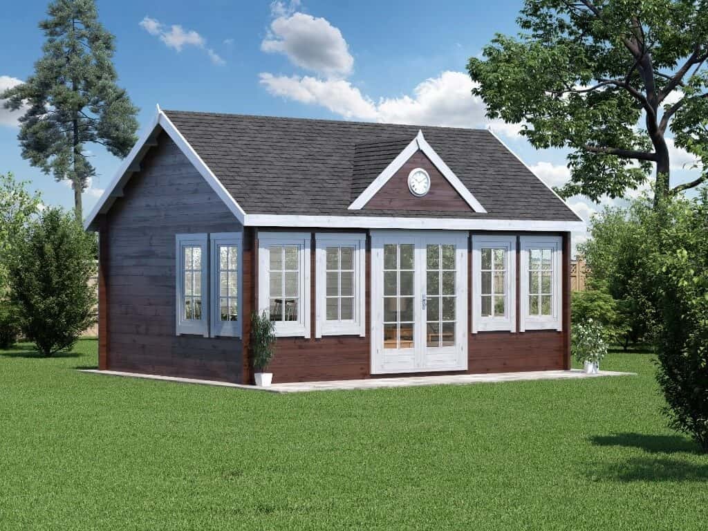 Luxhut Alpholz Gartenhaus CLOCKHOUSE® XL Gartenhaus aus Holz in Imprägnierung Pinie, Holzhaus mit 44 mm Wandstärke, Blockbohlenhaus mit Montagematerial L1.1.00050.1