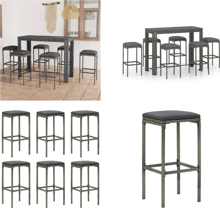 vidaXL 7-dielny záhradný barový set s vankúšmi polyratan sivý - Barový set - Barové sety - Barový stôl a barové stoličky - Barový stôl