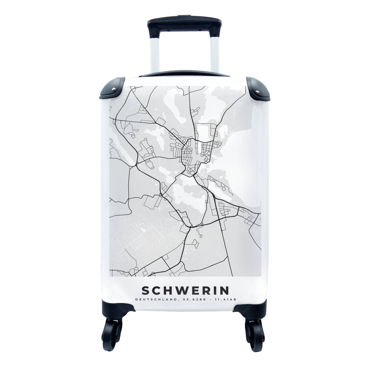 MuchoWow® Koffer Handgepäck Trolley Rollkoffer Kleine Reisekoffer mit 4 Rollen - Deutschland - Karte - Schwerin - Stadtplan - Cabin Size < 55x40x23 cm & 55x40x20 cm - Fotokoffer - Kabinenkoffer - Boardgepäck - Reise-Box - Reisekoffer - Reisegepäck - Koffer mit Bild - Trolley für Kinder 68|791000204