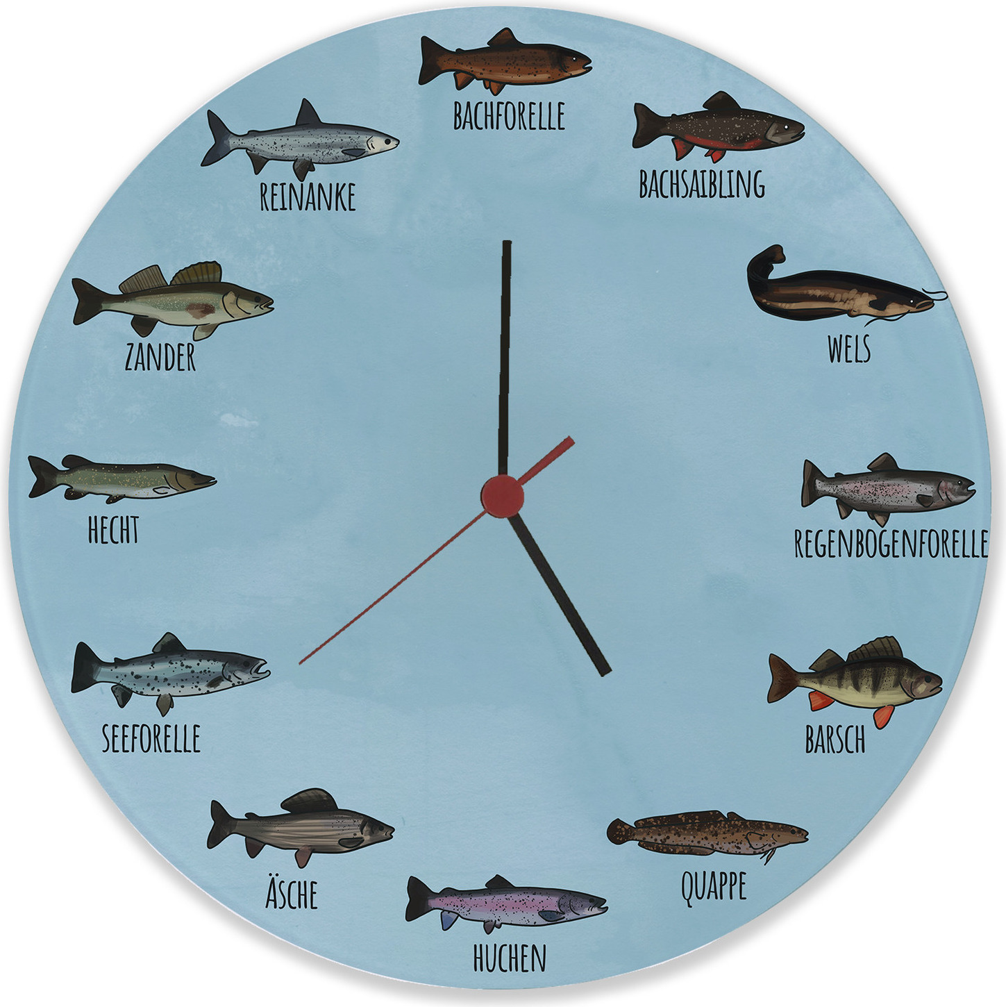 speecheese Deutsche Fischarten Wanduhr aus Glas