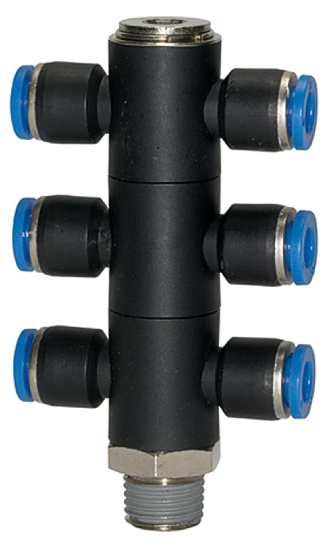 Riegler T-Mehrfachverteiler »Blaue Serie«, 6-fach, drehbar, R 1/8 a. Ø 4mm 175.018-4