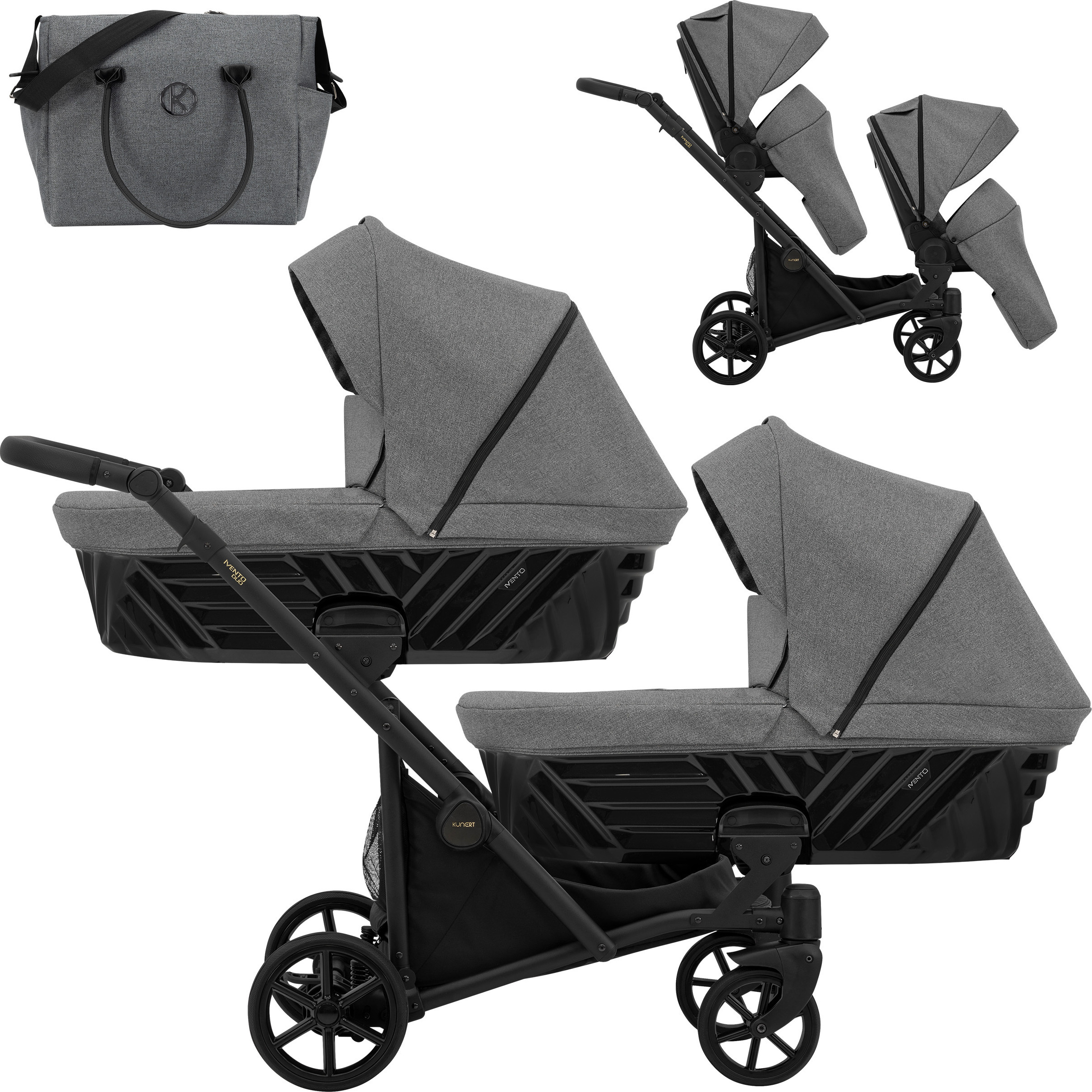 Kinderwagen IVENTO DUO 2 in 1 Komplettset Zwillingskinderwagen Geschwisterwagen Zwillingsbuggy Doppelkinderwagen (Deep Graphite, Rahmenfarbe: schwarz)