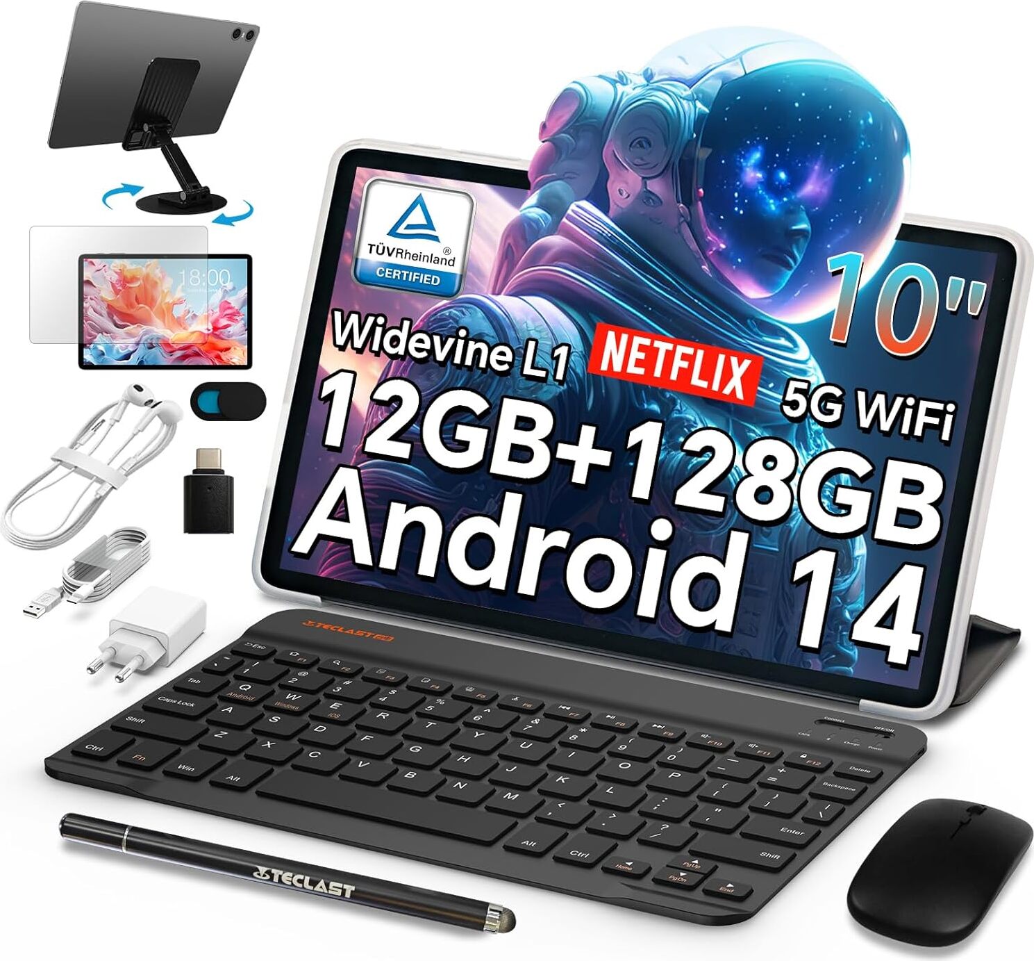 TECLAST P30T Android 14 Tablet 10+inch PC s klávesnicou 10-dielna sada, 12GB RAM+128GB ROM(4TB TF), 2.4G+5G WLAN, Unisoc Octa-Core A75 CPU, Widevine