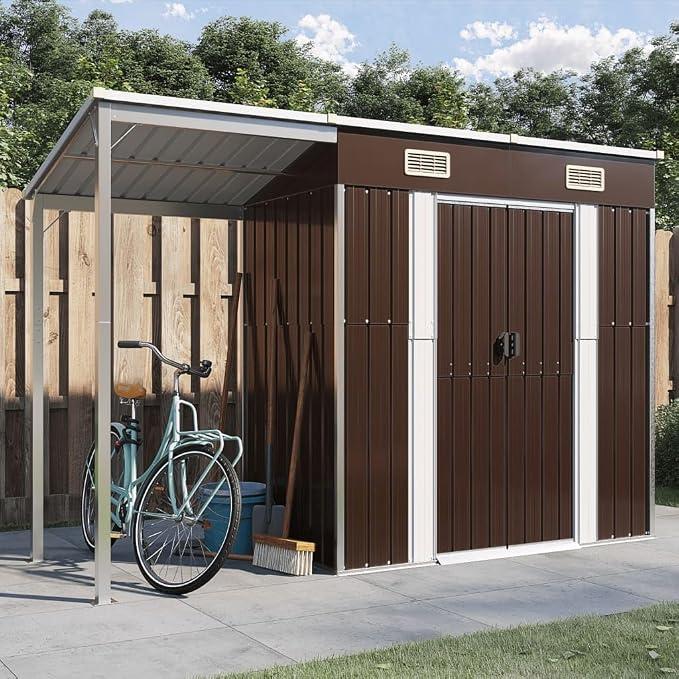 Unbranded Gartenhaus mit Schleppdach Gerätehaus Gartenschuppen Schuppen mit Stauraum Metallschuppen Geräteschuppen Gartenschrank Garten Schuppen Braun 277x110,5x181 cm Stahl