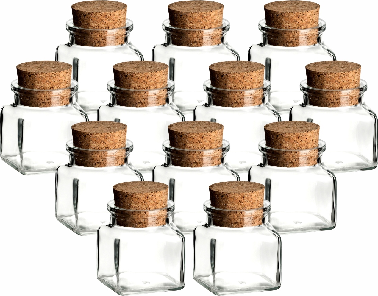 gouveo 12er Set Gewürzgläser 120 ml eckig mit Korkverschluss - Kleines Vorratsglas mit Korken - Gewürzgläser mit Presskorken NEW-947
