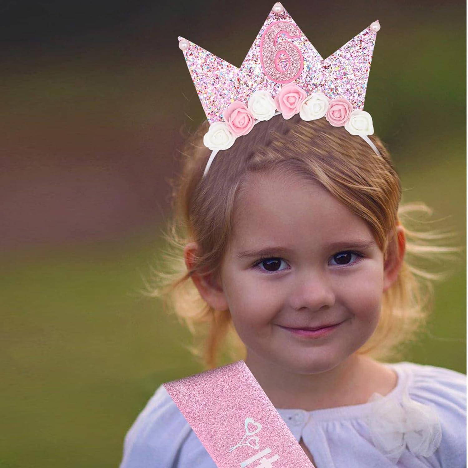 Markenlos Rosa Geburtstagskrone Set für Mädchen - 6. Geburtstag Haarband und Schärpe - Kindergeburtstag Thema