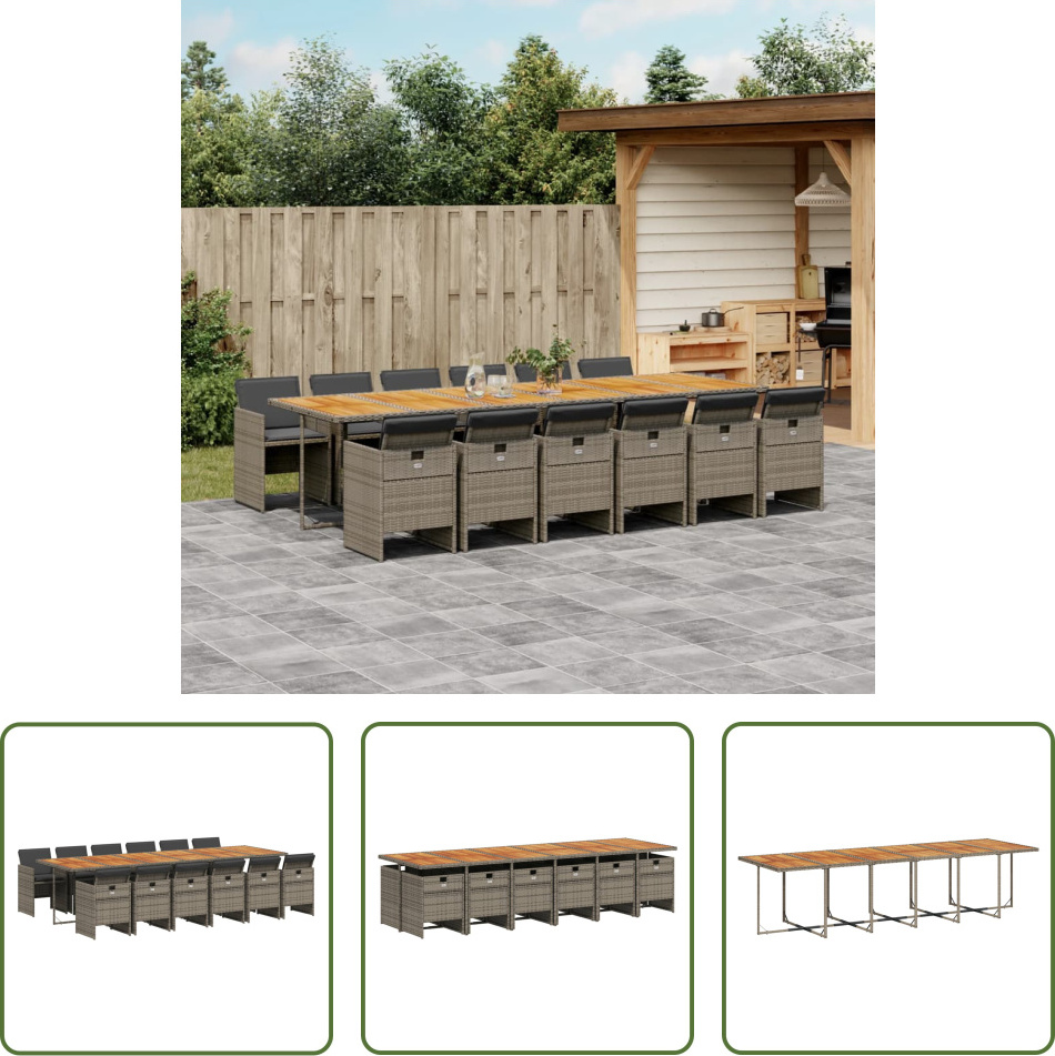 The Living Store 13-dielny záhradný jedálenský set s vankúšmi sivý polyratan