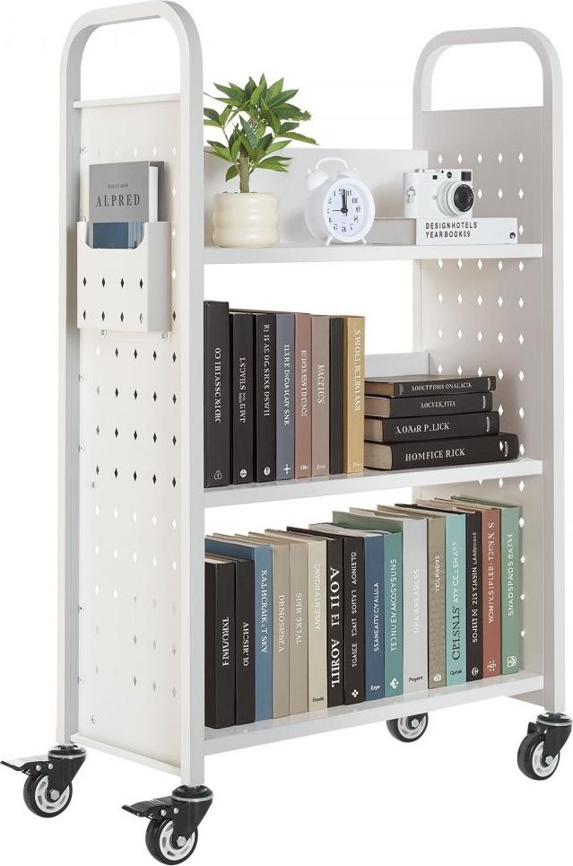 Bibliothekswagen Bücherwagen - 150kg Kapazität - 77x38x122 cm Weiß - Bücherregalwagen für Bibliothek und Büro