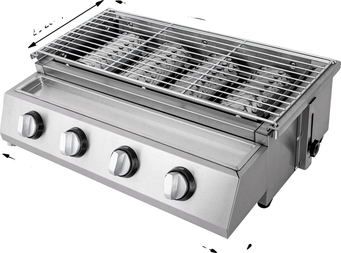 Plynový gril, výškovo nastaviteľný, 4-horákový dizajn, strieborný