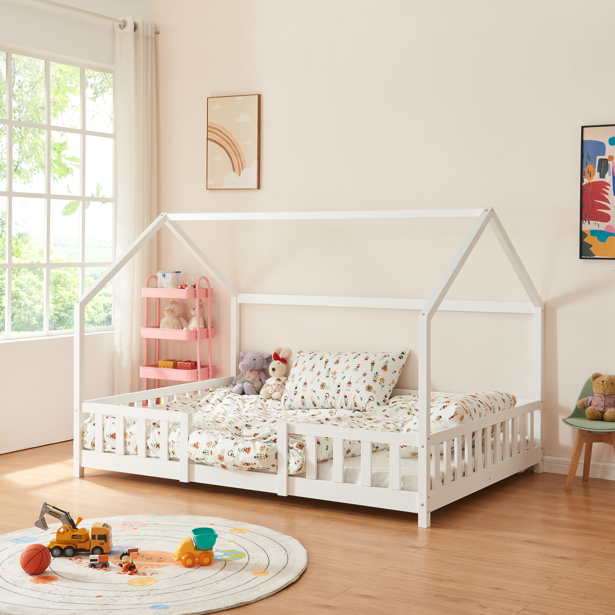 en.casa Kinderbett ’Sisimiut’ in Haus-Optik mit Rausfallschutz Kiefernholz 140 x 200 cm Weiß