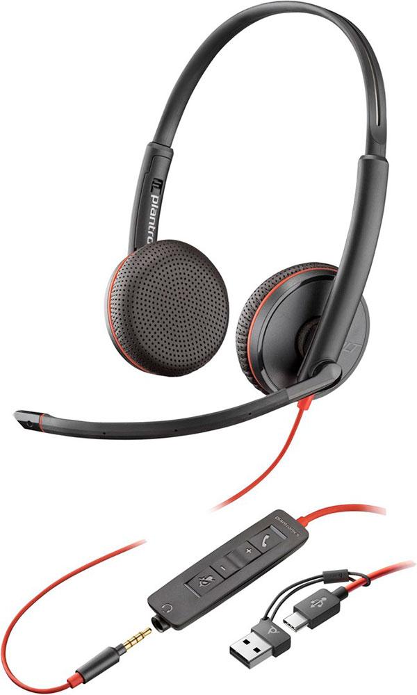 HP Poly Stereofónna náhlavná súprava Poly Blackwire 3225 USB-C + 3,5 mm konektor + adaptér USB-C/A (hromadné balenie), Kábel, 20 - 20000 Hz, Kancelária / call centrum, 92 g, Slúchadlá s mikrofónom, Čierna