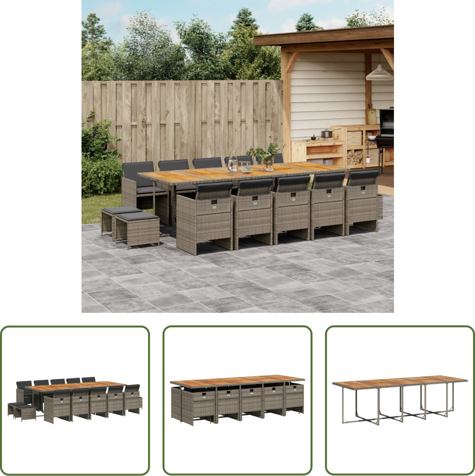 The Living Store 15-dielny záhradný jedálenský set s vankúšmi sivý polyratan