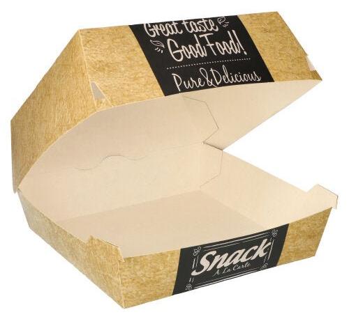 Produktbild von PAPSTAR Burgerbox 'pure' – Groß (115 X 110 X 70 Mm), Aus FSC-zertifiziertem Karton, Fettdicht, Braun Mit Design, Für Unterwegs