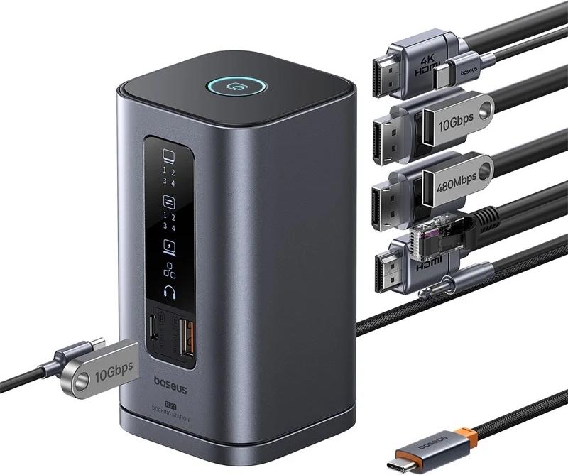 Dockingstation Baseus Spacemate Serie 11-in-1, USB-C la 2x HDMI 4K@60Hz, 2x DP 4K@60Hz, 2x USB-A, 1x USB-C, 1x RJ45, 1x USB-A (480Mbps), 1xUSB-C (PD), 1x 3.5mm Audio, Gri B00568101813-00