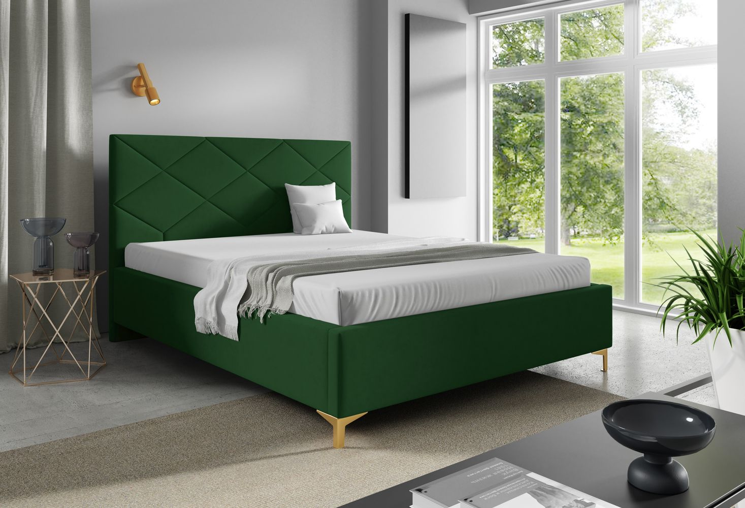 Čalúnená posteľ 160x200 ODETA 3 - fľaškovo zelená