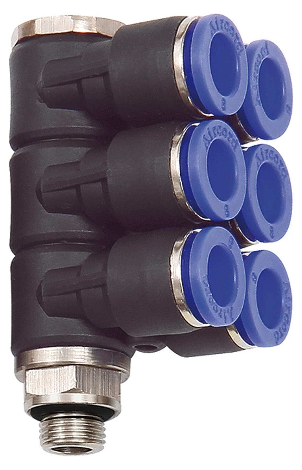 Riegler L-Mehrfachverteiler »Blaue Serie«, 6-fach, drehbar, G 1/4 a. Ø 6mm 225.014-6