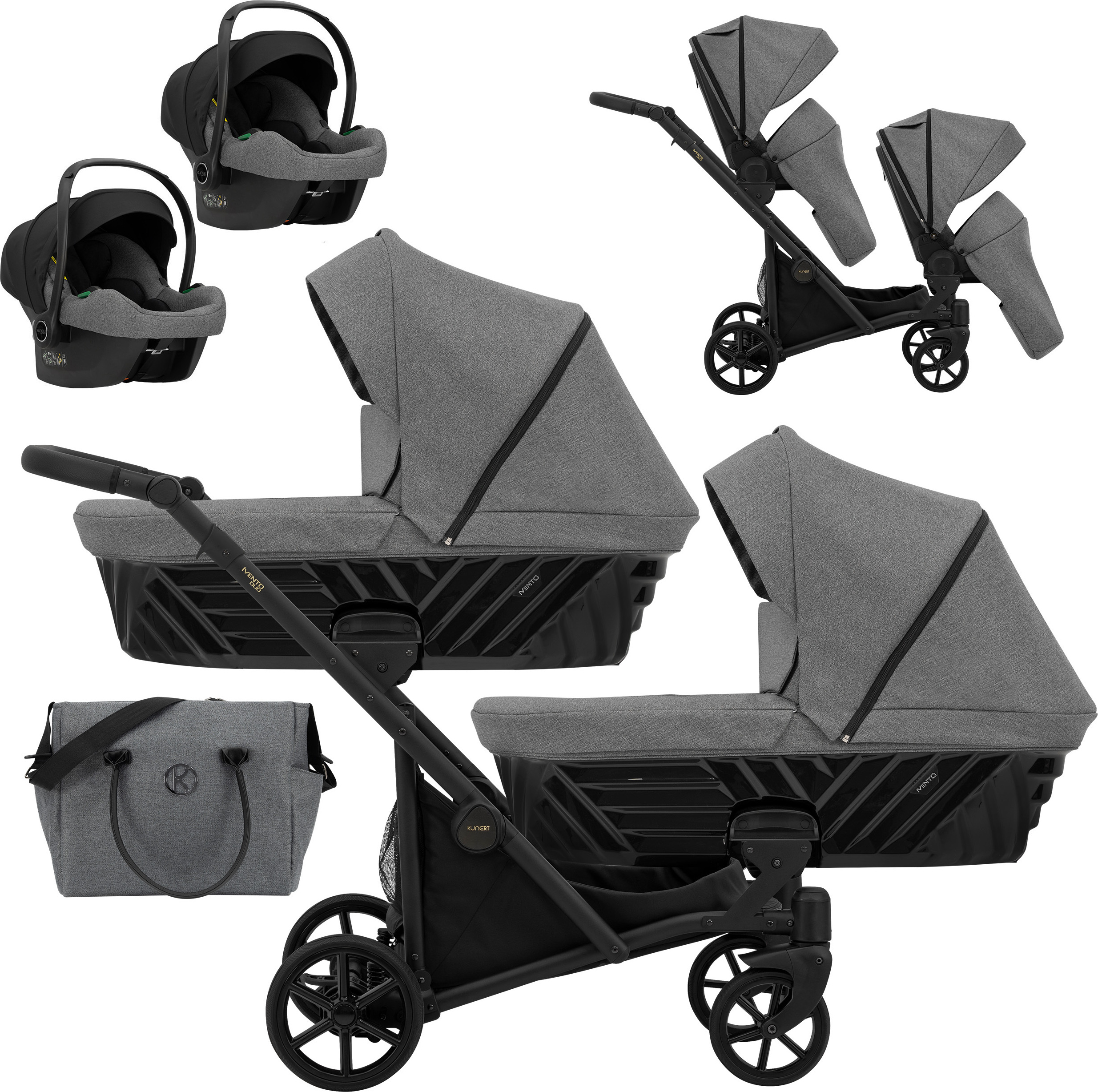 Kinderwagen IVENTO DUO 3 in 1 Komplettset Zwillingskinderwagen Geschwisterwagen Zwillingsbuggy Doppelkinderwagen (Deep Graphite, Rahmenfarbe: schwarz)