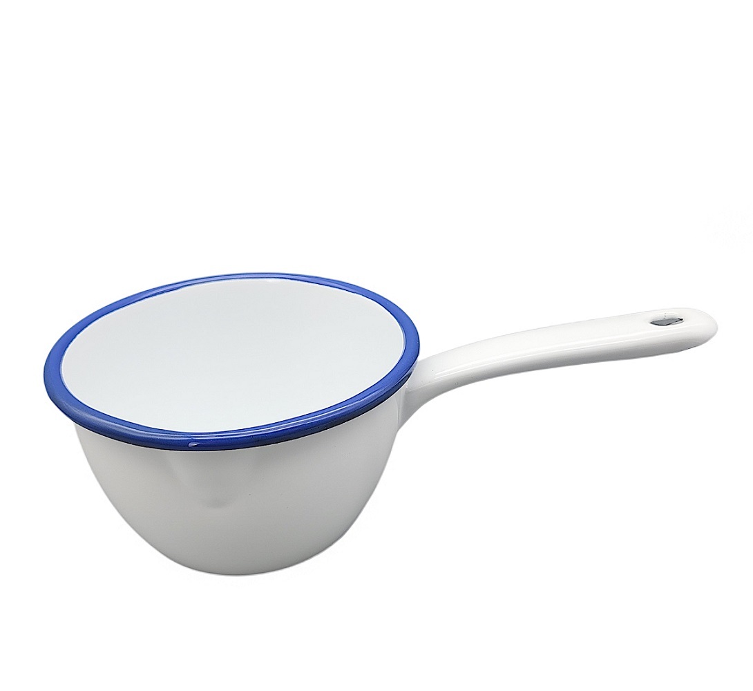 Linoows Kasserolle, Stieltopf, Emaille Kochtopf mit Griff, Weiß blauer Rand 1 Liter G1509