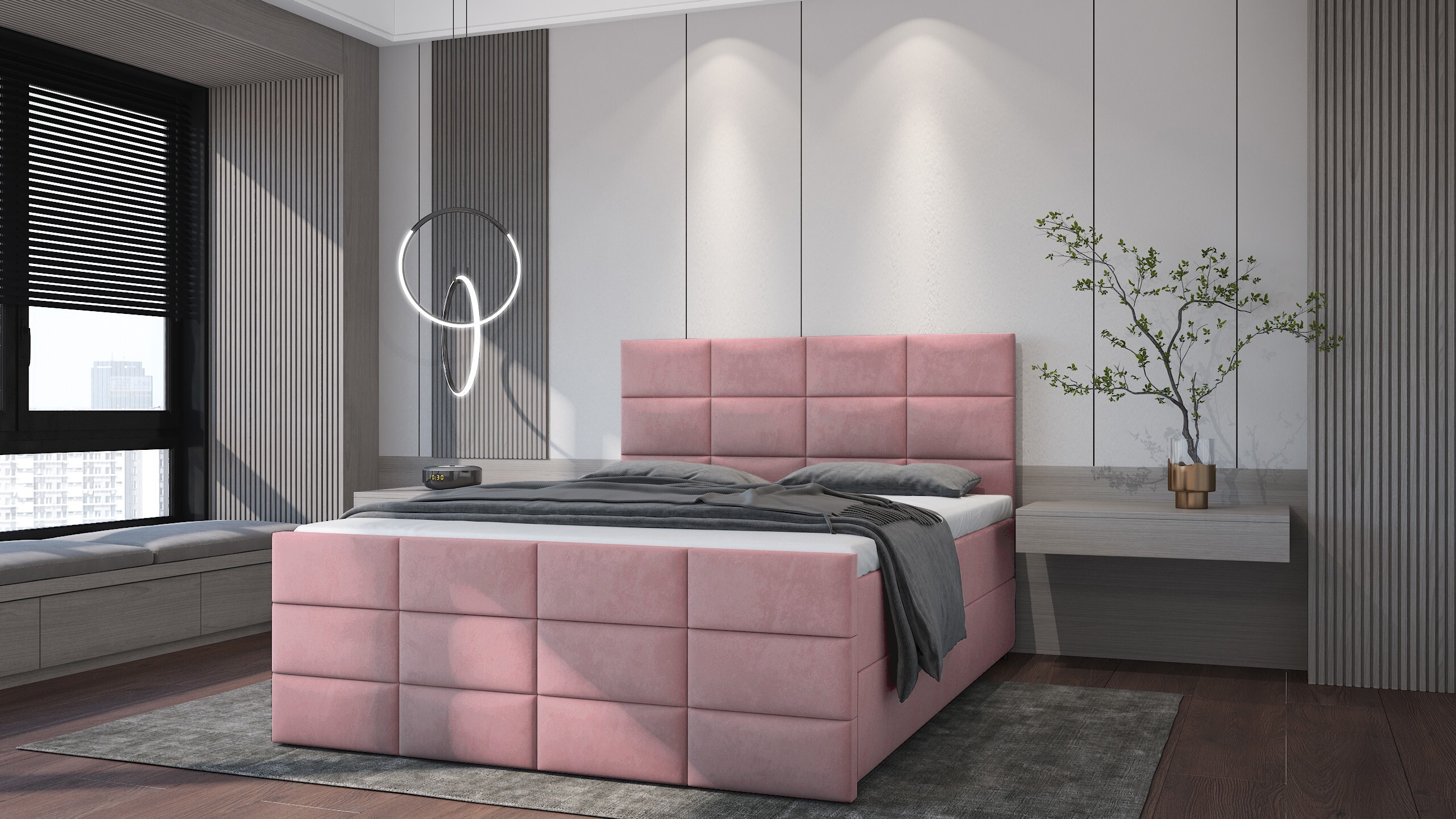 PREDAJ LEADER skriňová pružinová posteľ ANKARA 200x200 cm čalúnená posteľ s dvoma zásuvkami, kompletná súprava s matracom a topperom (4 cm), ružová, posteľná látka JASMINE 62