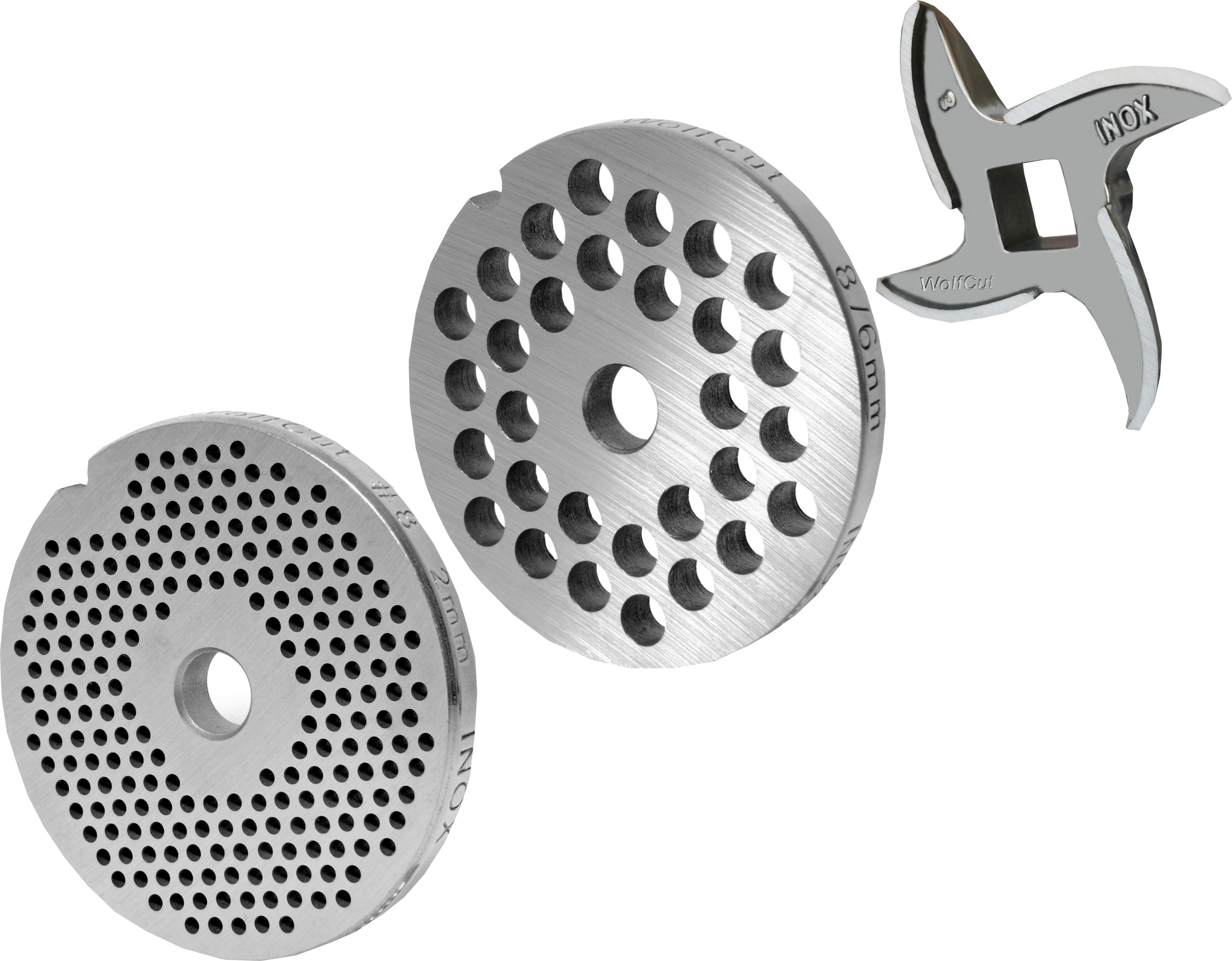 Jpc-Wolfcut Fleischwolfscheibensatz 2 mm + 6 mm Bohrung und 1 Sichelmesser für alle gängigen Fleischwolf Größen 8