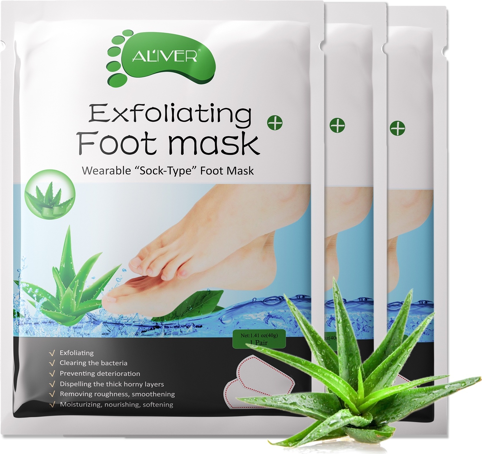 ALIVER Fußmaske Fusspeeling Fußpflege Anti Hornhaut Socken Hornhautentferner mit Aloe, 3 Paar NEW-2467