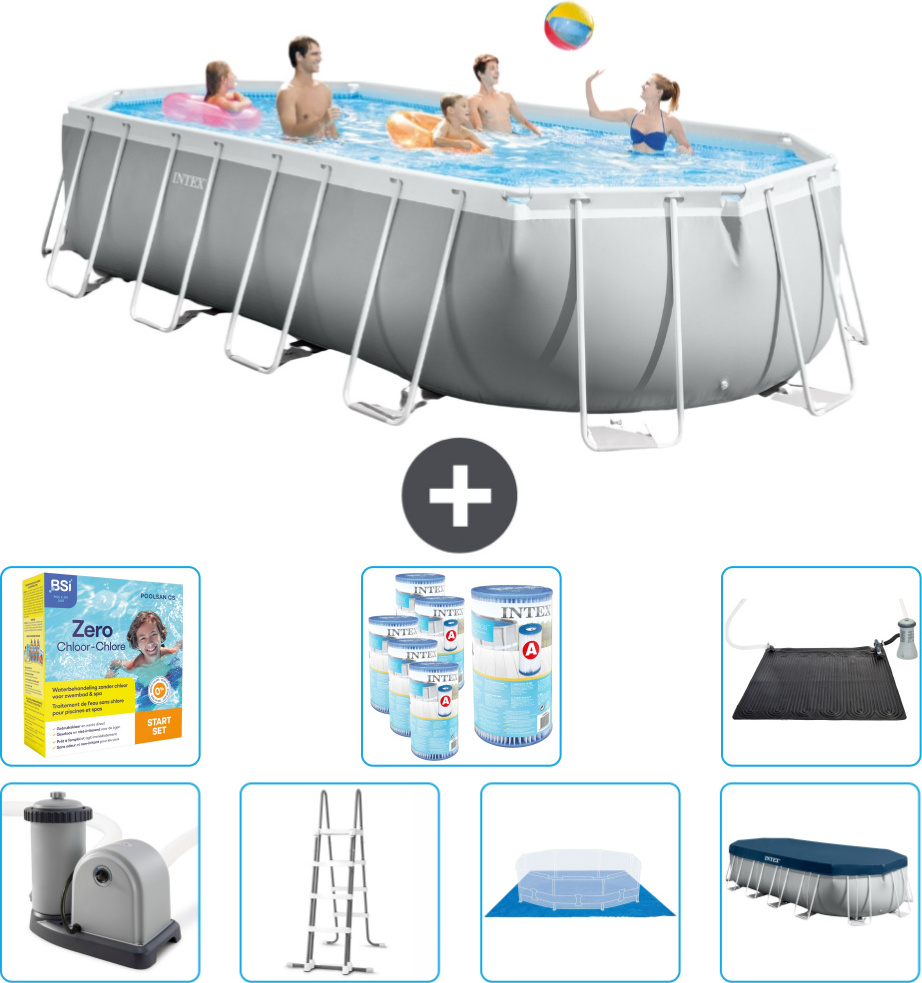 Bazén Intex Oval Prism Frame - 610 x 305 x 122 cm - sivý - vrátane čerpadla - rebríka - krycej plachty - balenia na údržbu krytu - filtra - solárnej podložky