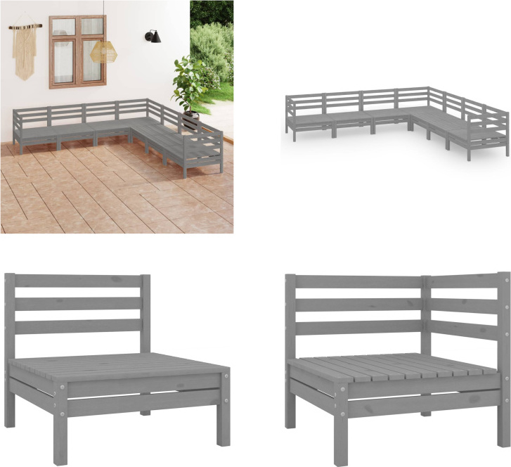 vidaXL 7-dielna záhradná obývacia súprava z masívneho dreva borovica sivá - záhradná obývacia súprava - vonkajšia obývacia súprava - drevená pohovka - drevená záhradná pohovka